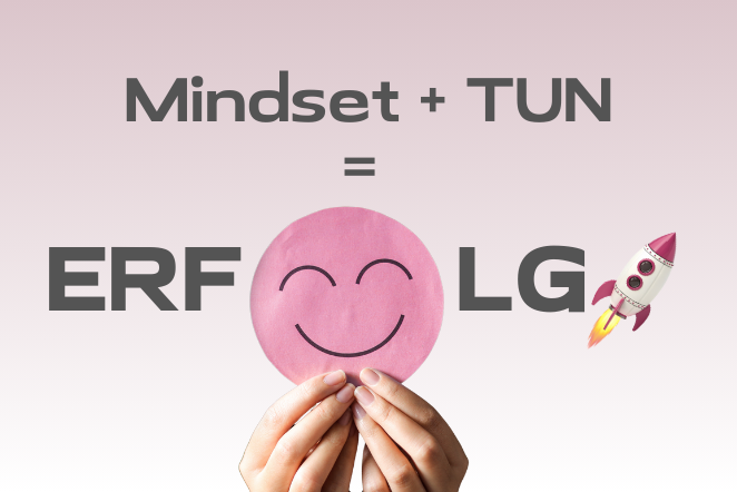 Mindset plus Umsetzung ergibt Erfolg – Motivationsgrafik mit Rakete
