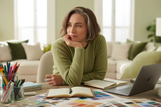 Nachdenkliche Frau über 40 im Homeoffice mit Notizbüchern, Laptop und Farbmustern – Symbolbild für Scannerpersönlichkeiten im Business