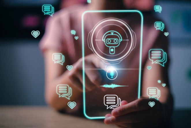 Frau hält Smartphone mit KI-Chatbot-Symbolen und Herzen – Symbol für schreiben mit ChatGPT und Kommunikation mit Herz und KI, die den eigenen Stil respektiert.