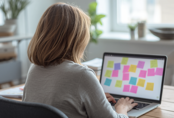 Scanner-Persönlichkeit-im-Business - Frau vor verwirrend vielen Postits am Laptop