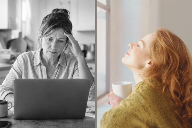 Business aufbauen mit Job - Vorher und nachher: gestresste Frau am Laptop in Schwarz-Weiß und entspannte Frau am Fenster mit Kaffee – wenn das Business zur Lebensrealität passt.